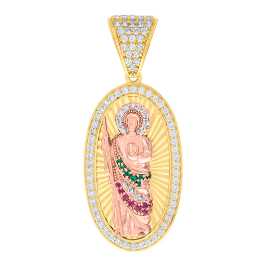 14K Two-tone Gold Mens Green/Pink White Cubic-Zirconia Oval St. Jude Religious Charm Pendant