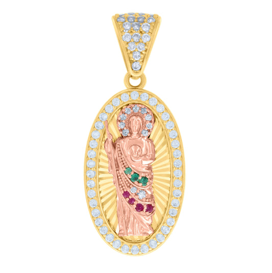 14K Two-tone Gold Mens Green/Pink White Cubic-Zirconia Oval St. Jude Religious Charm Pendant