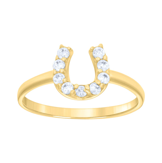 14K Yellow Gold Womens Cubic-Zirconia Horseshoe Good Luck Ring