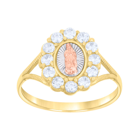 14K Tri-Color Gold Womens Cubic-Zirconia Guadalupe Religious Ring