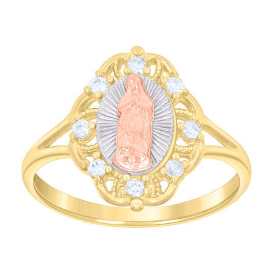 14K Tri-Color Gold Womens Cubic-Zirconia Guadalupe Religious Ring