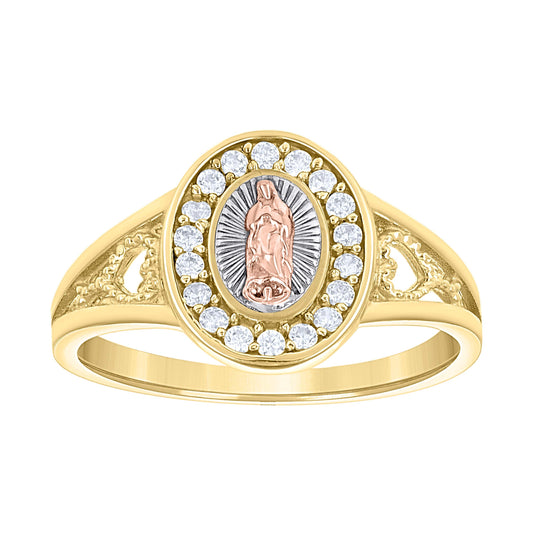 14K Tri-Color Gold Womens Cubic-Zirconia Oval Guadalupe Religious Ring