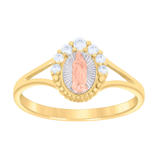 14K Tri-Color Gold Womens Cubic-Zirconia Oval Guadalupe Religious Ring