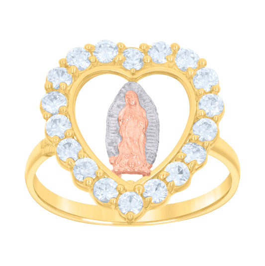 14K Tri-Color Gold Womens Cubic-Zirconia Heart Guadalupe Religious Ring
