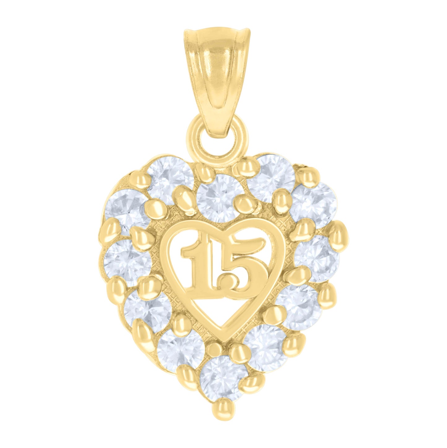 14K Yellow Gold Womens Cubic-Zirconia Heart 15 Quinceanera Charm Pendant