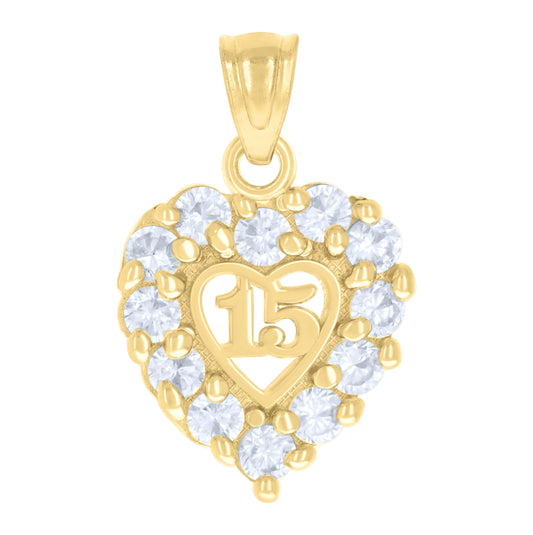 14K Yellow Gold Womens Cubic-Zirconia Heart 15 Quinceanera Charm Pendant
