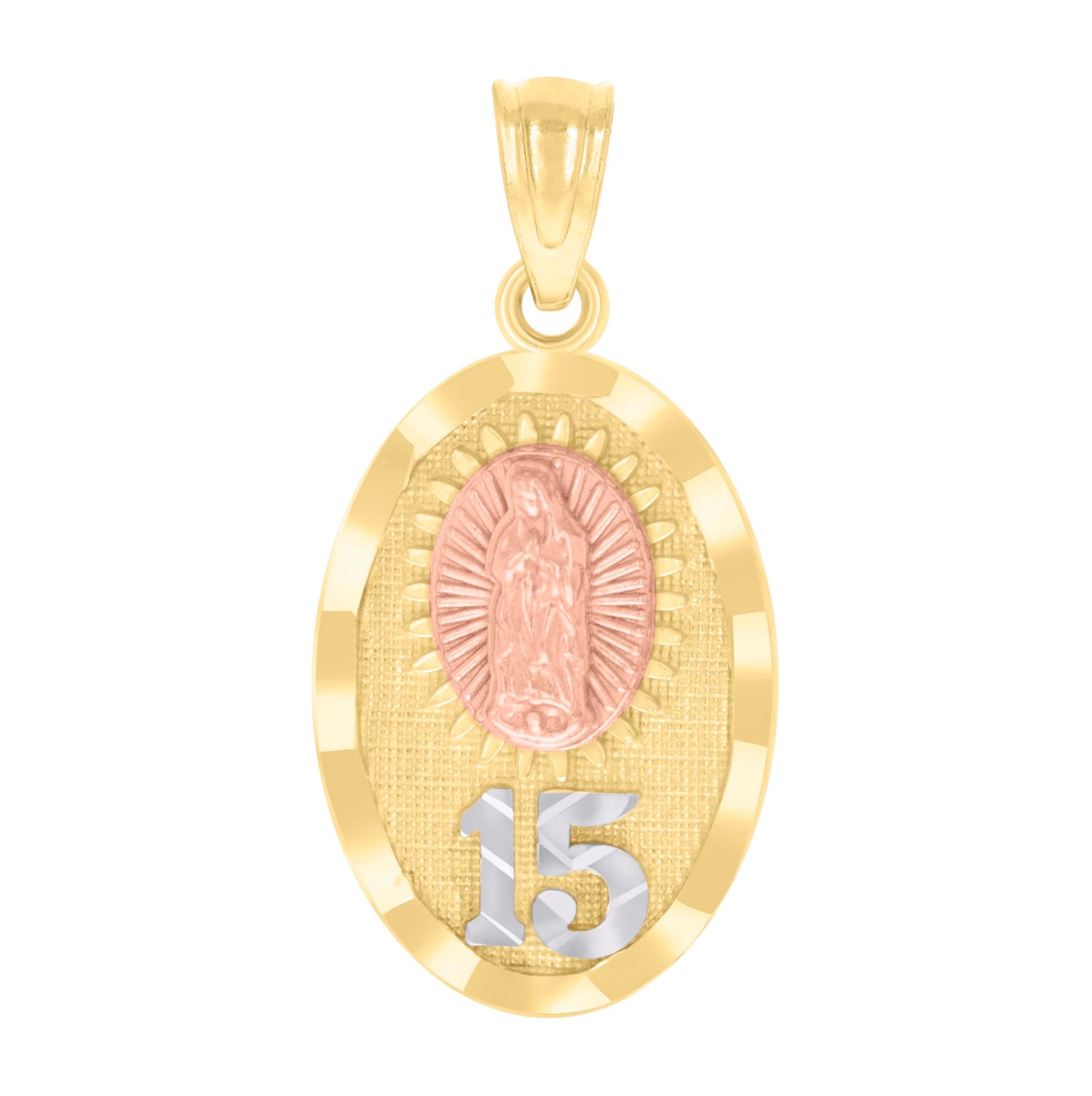 14K Tri-Color Gold Womens Anos 15 Guadalupe Religious Charm Pendant