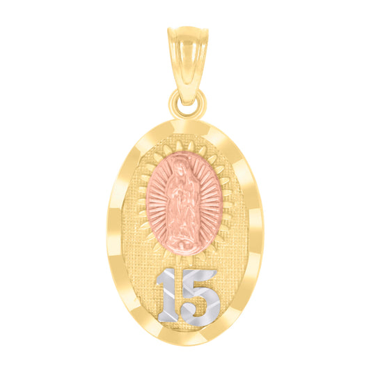 14K Tri-Color Gold Womens Anos 15 Guadalupe Religious Charm Pendant