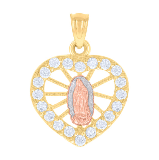 14K Tri-Color Gold Womens Cubic-Zirconia Heart Guadalupe Religious Charm Pendant