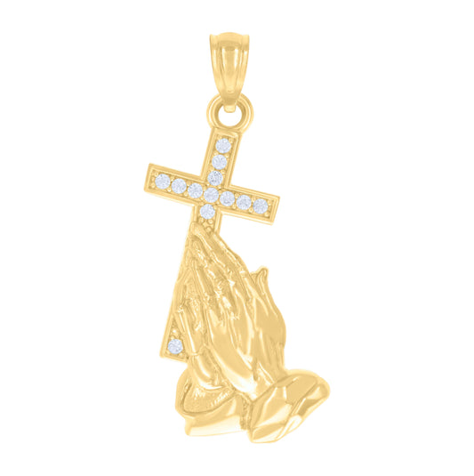 14K Yellow Gold Womens Cubic-Zirconia Cross Praying Hands Symbol Religious Charm Pendant