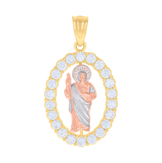 14K Tri-Color Gold Womens Cubic-Zirconia St. Jude Religious Charm Pendant