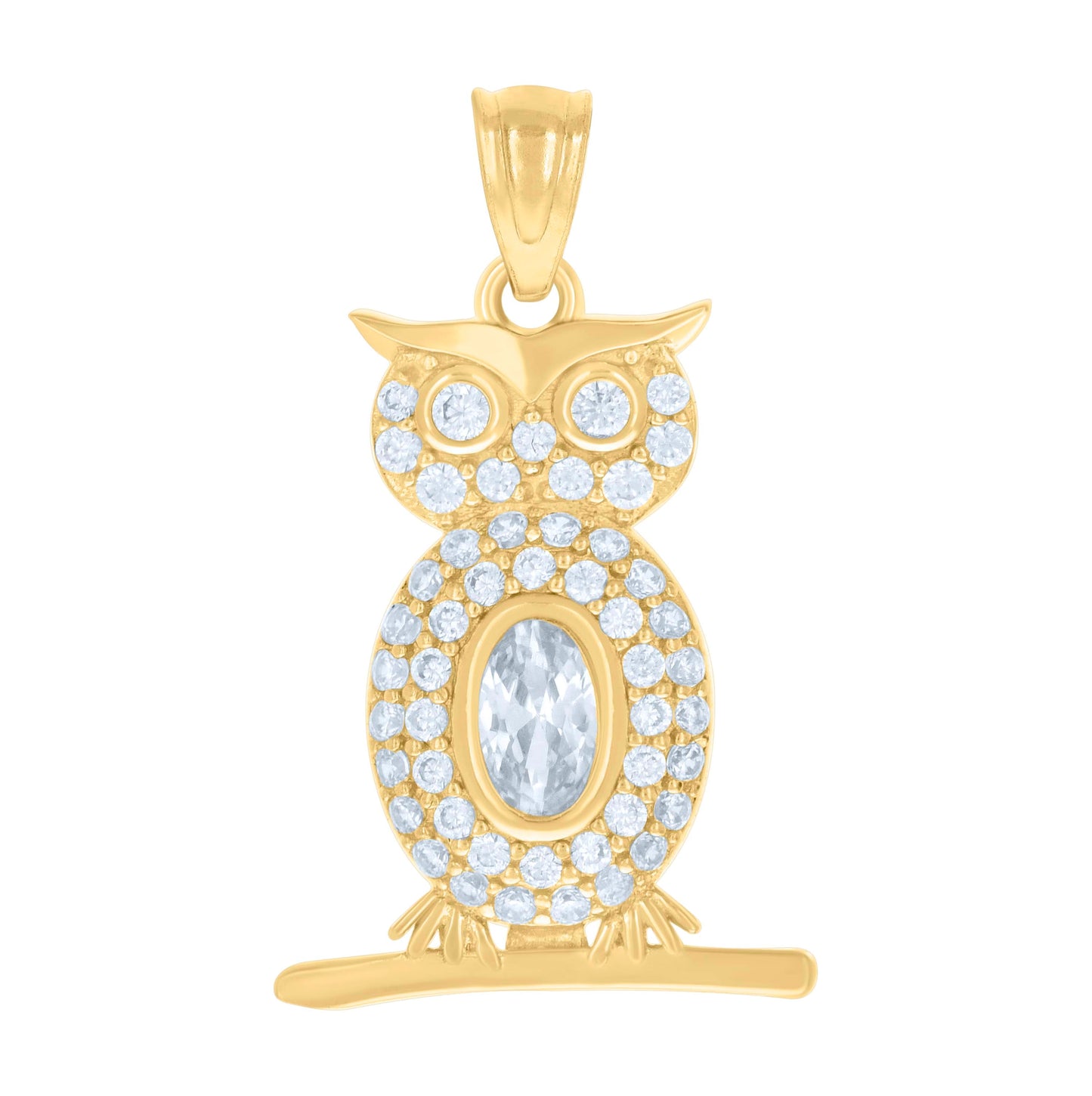 14K Yellow Gold Womens Cubic-Zirconia Owl Bird Wildlife Charm Pendant