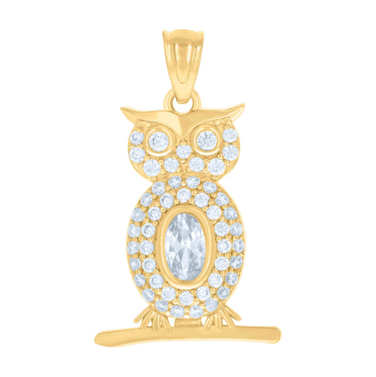 14K Yellow Gold Womens Cubic-Zirconia Owl Bird Wildlife Charm Pendant