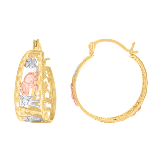 14K Tri-Color Gold Womens Clover Elephant Hokey Player Good Luck Hoops Earrings