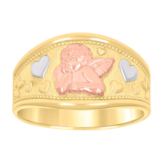 14K Tri-Color Gold Mens Angel Religious Ring