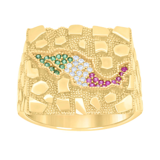 14K Yellow Gold Mens Green/Purple White Cubic-Zirconia Nugget Mexico Map Country Ring