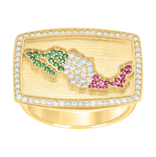 14K Yellow Gold Mens Green/Purple White Cubic-Zirconia Mexico Map Country Ring