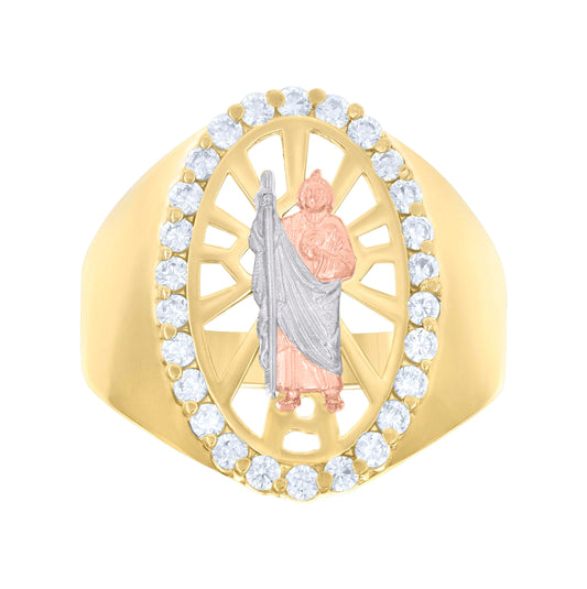 14K Tri-Color Gold Mens Cubic-Zirconia Oval St. Jude Religious Ring