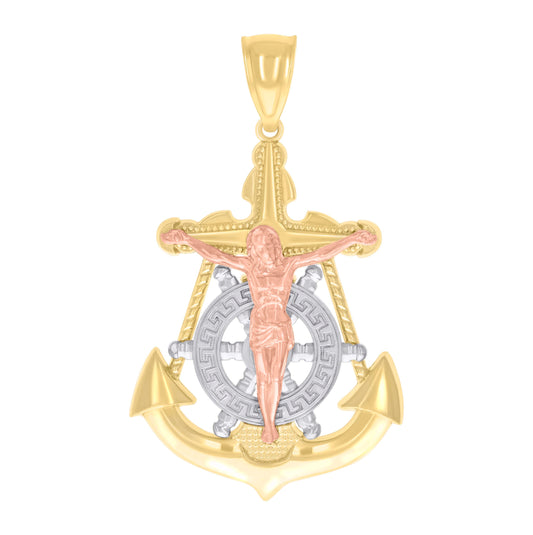 14K Tri-Color Gold Mens Anchor Crucifix Religious Charm Pendant