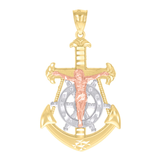 14K Tri-Color Gold Mens Anchor Crucifix Religious Charm Pendant