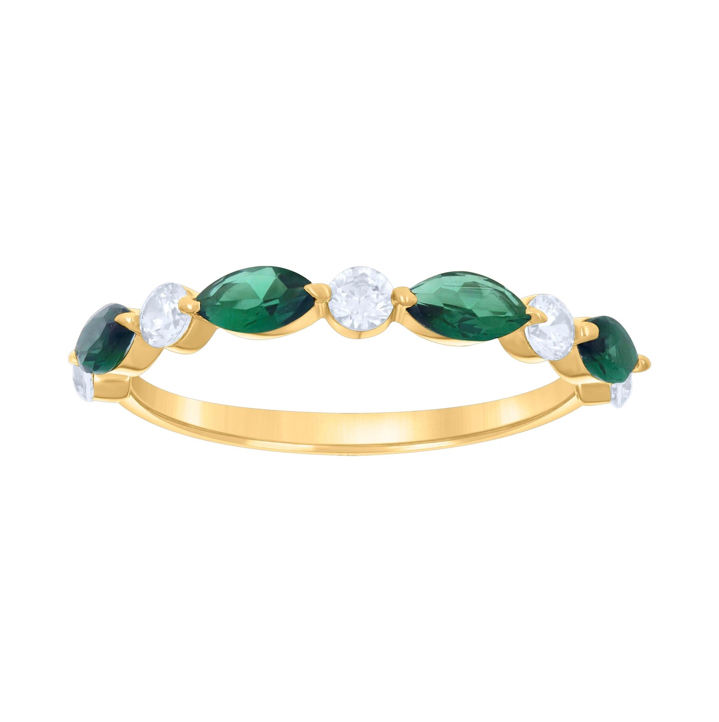 14K Yellow Gold Womens Green White Marquise Round Cubic-Zirconia Half Eternity Ring