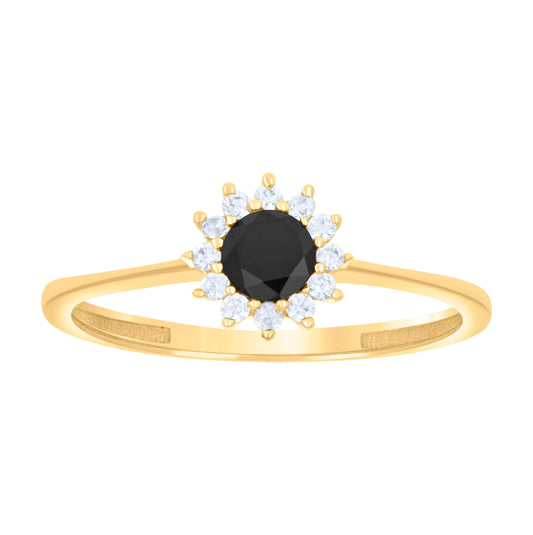 14K Yellow Gold Womens Black White Cubic-Zirconia Flower Fashion Ring