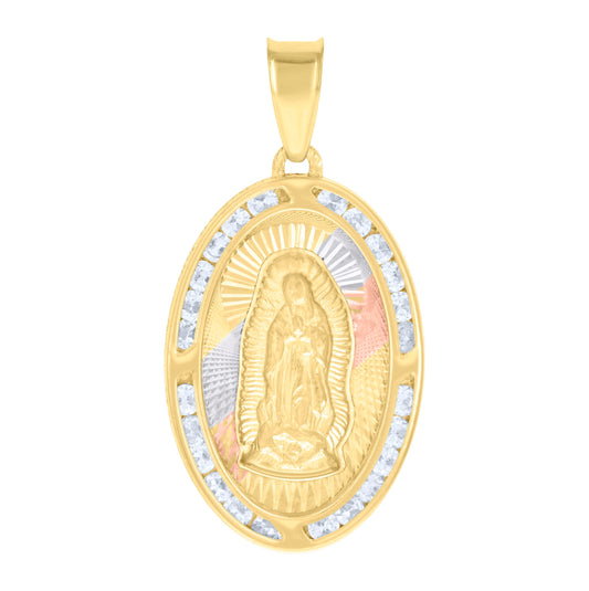 10K Tri-Color Gold Womens Cubic-Zirconia Oval Guadalupe Religious Charm Pendant