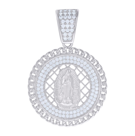 Sterling Silver Mens 0.84ct Moissanite Cuban Border Guadalupe/Mother Marry Religious Charm Pendant