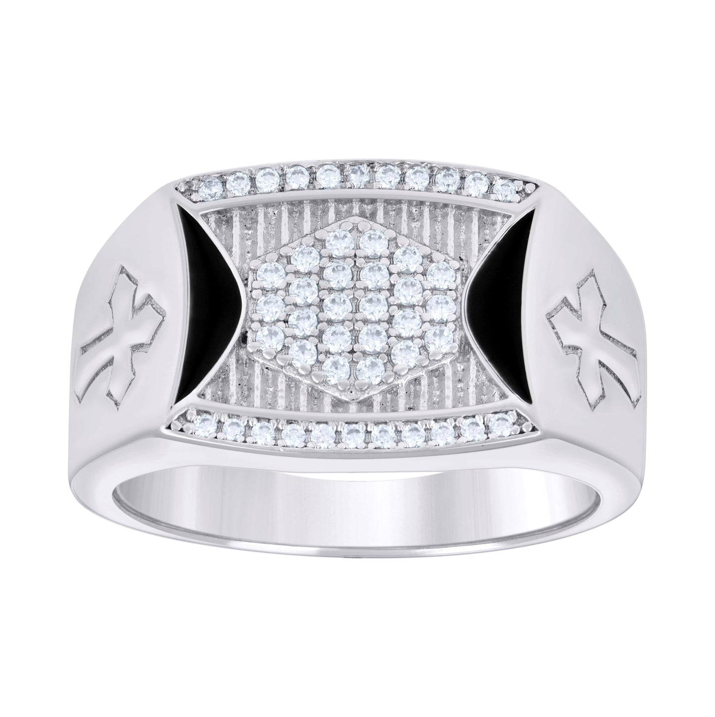 Sterling Silver Mens Cubic-Zirconia Black Enameled Cross Religious Bridal Anniversary Wedding Engagement Band Ring