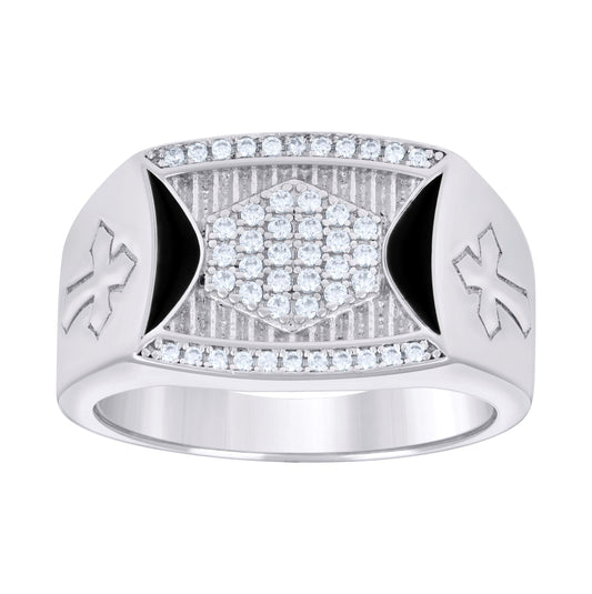 Sterling Silver Mens Cubic-Zirconia Black Enameled Cross Religious Bridal Anniversary Wedding Engagement Band Ring