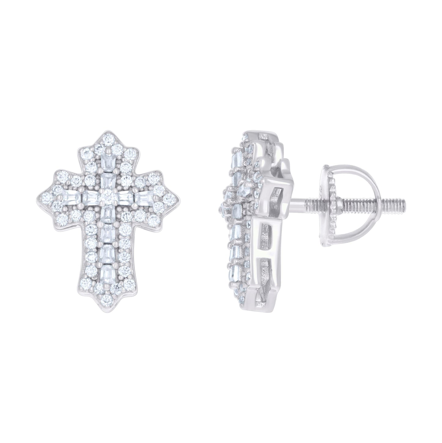 Sterling Silver Womens Baguette Round Cubic-Zirconia Cross Religious Stud Earrings