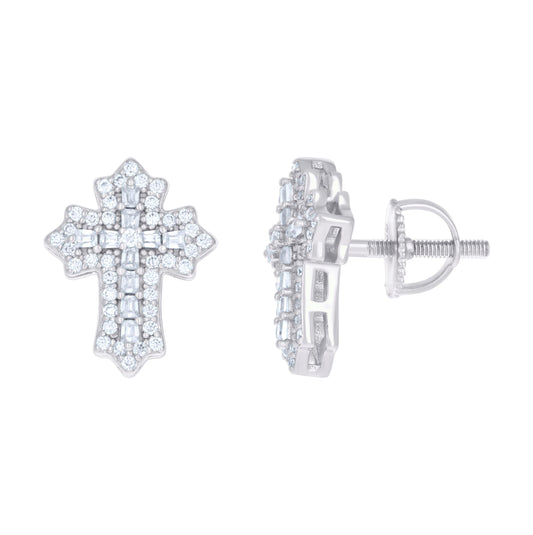 Sterling Silver Womens Baguette Round Cubic-Zirconia Cross Religious Stud Earrings