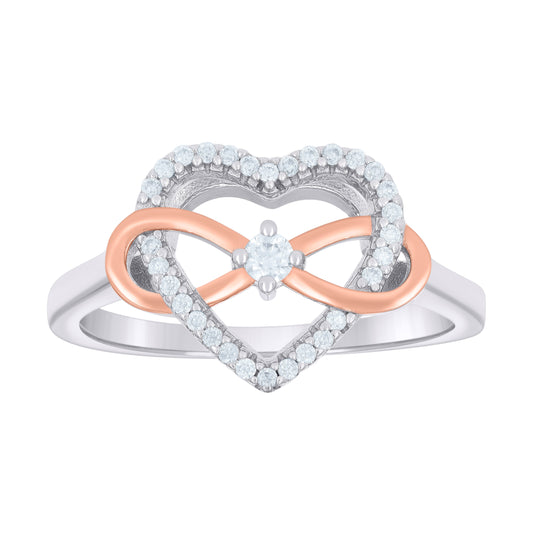 Sterling Silver Rose-tone Womens 0.18ct Moissanite Love Heart Infinity Bridal Anniversary Engagement Wedding Ring