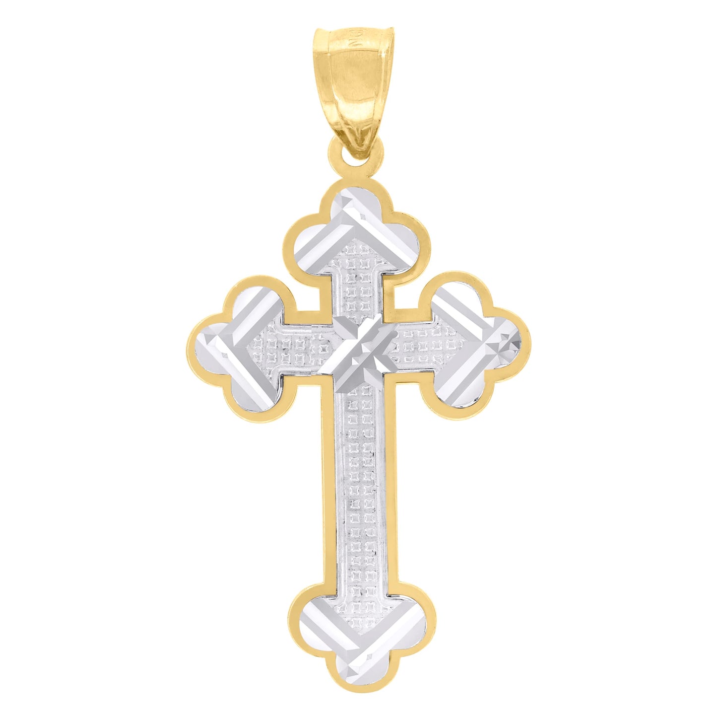 10K Two-Tone Gold Unisex Diamond-Cut Budded Cross Religious Charm Pendant