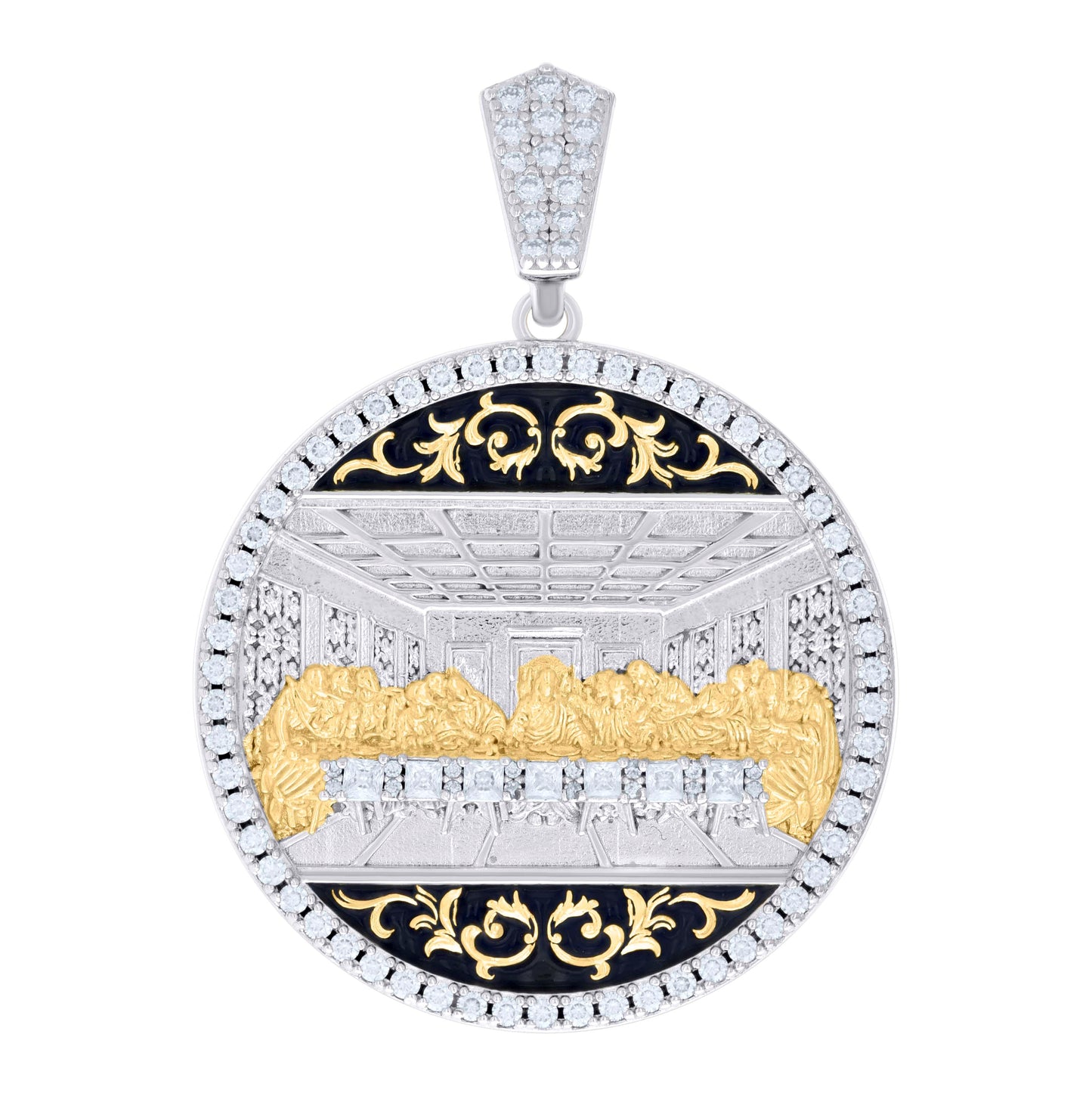 Sterling Silver Yellow-tone Mens 1.48 Cttw, 0.40 Cttw Baguette Round Moissanite Last Supper Pendant