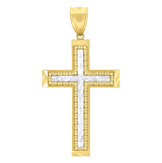 10K Gold Two-Tone Diamond-Cut Mens Cross Religious Charm Pendant