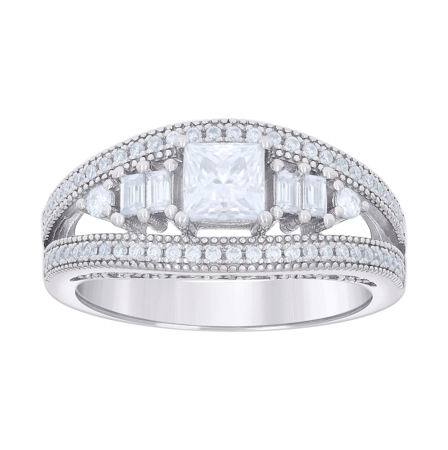 Sterling Silver Womens Princess-cut/Baguette Round Cubic-Zirconia Fashion Bridal Anniversary Wedding Engagement Band Ring Sizes 5 - 10