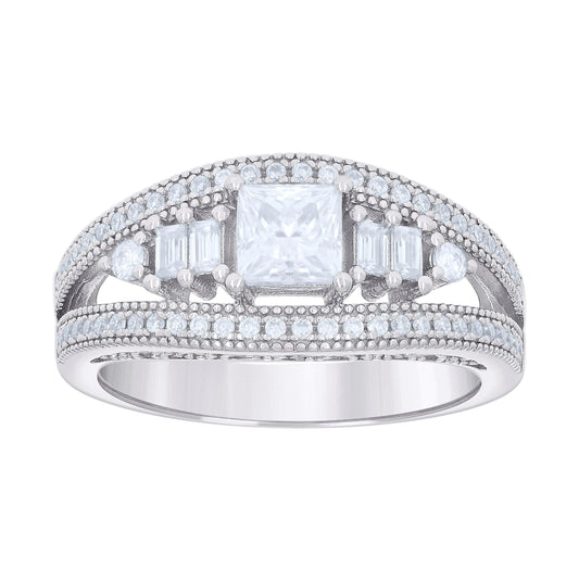 Sterling Silver Womens Princess-cut/Baguette Round Cubic-Zirconia Fashion Bridal Anniversary Wedding Engagement Band Ring Sizes 5 - 10