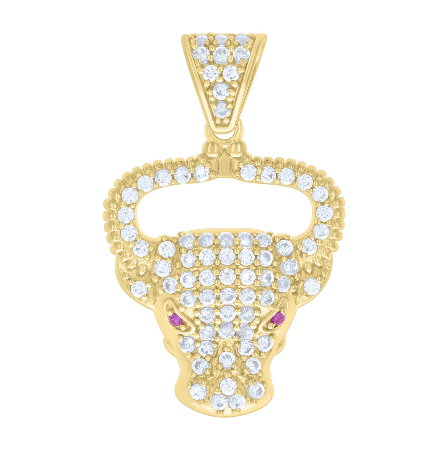 14K Yellow Gold Mens Pink White Cubic-Zirconia Bull Head Animal Wildlife Charm Pendant