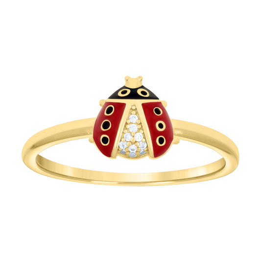 Sterling Silver Yellow-tone Womens Cubic-Zirconia Enameled Ladybug Fashion Bridal Anniversary Wedding Engagement Band Ring