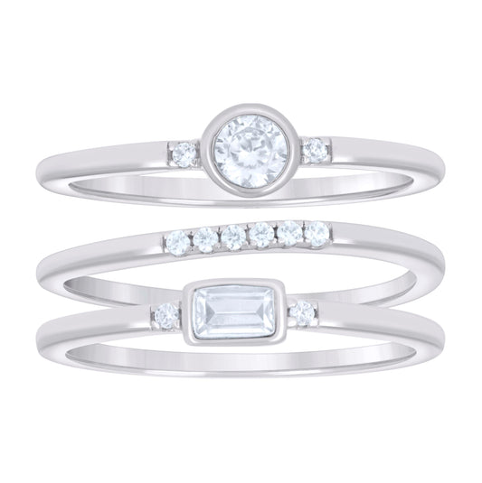 Sterling Silver Womens Oval/Baguette Round Cubic-Zirconia Three Layers Bridal Anniversary Wedding Engagement Band Ring