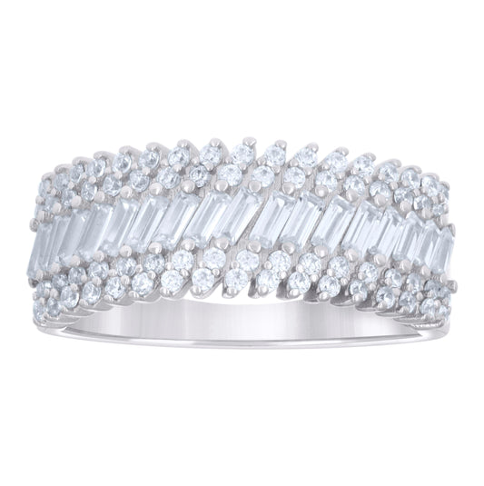 Sterling Silver Womens Baguette Round Cubic-Zirconia Fashion Bridal Anniversary Wedding Engagement Band Ring