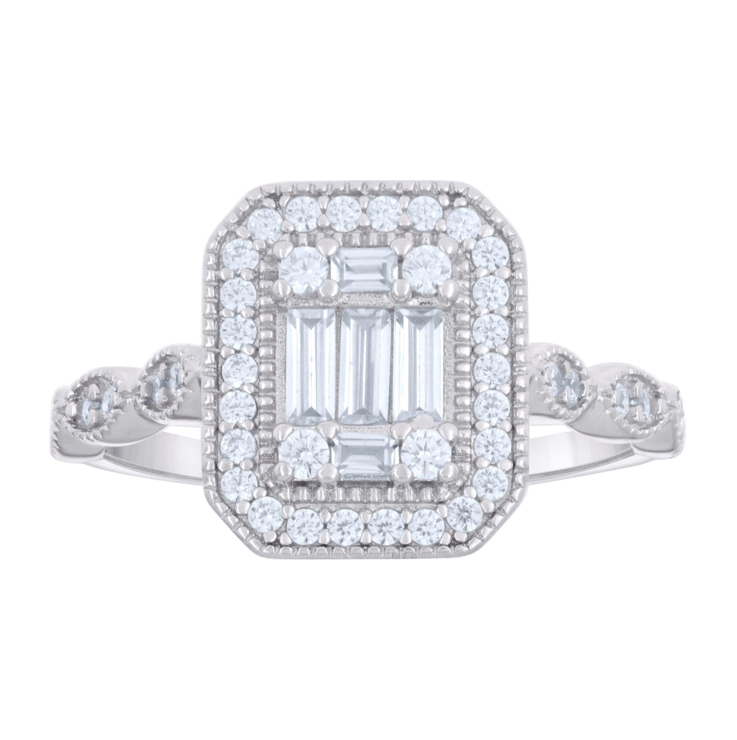 Sterling Silver Womens Baguette Round Cubic-Zirconia Bridal Anniversary Engagement Wedding Ring