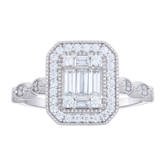 Sterling Silver Womens Baguette Round Cubic-Zirconia Bridal Anniversary Engagement Wedding Ring