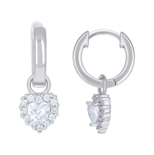 Sterling Silver Womens Cubic-Zirconia Heart Dangle Hoop Earrings