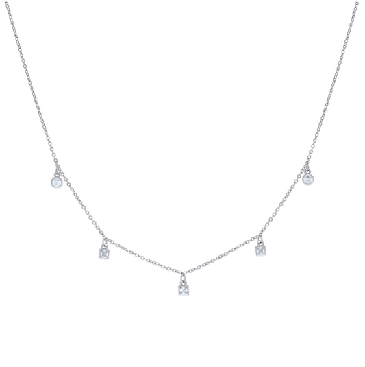 Sterling Silver Womens Princess-Cut Round Cubic-Zirconia Station Charm Necklace