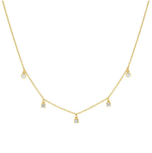 Sterling Silver Yellow-tone Womens Princess-Cut Round Cubic-Zirconia Station Charm Necklace