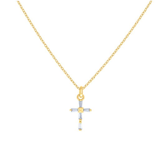 Sterling Silver Yellow-tone Womens Baguette Cubic-Zirconia Cross Charm Necklace