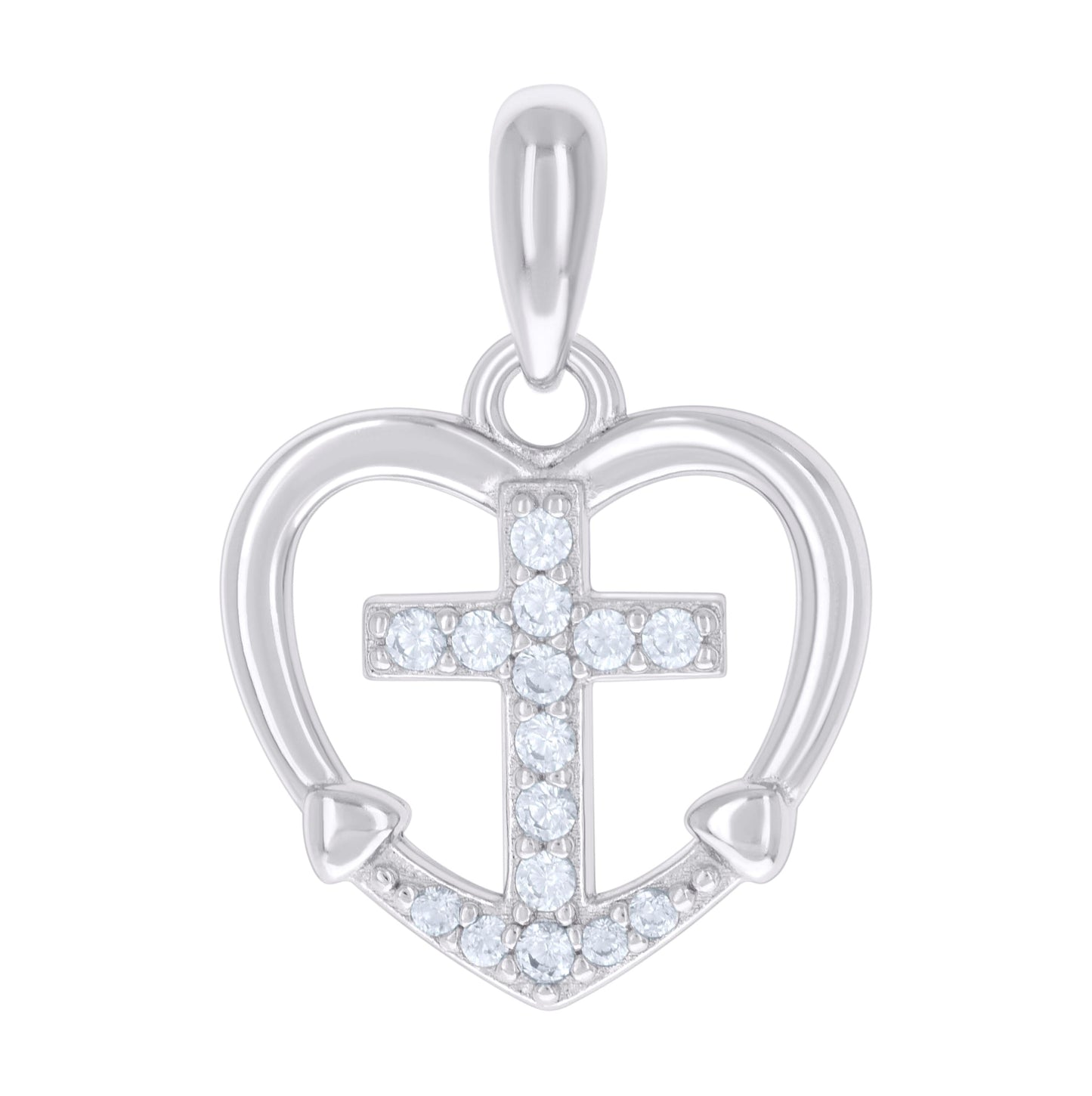 Sterling Silver Womens Cubic-Zirconia Cross Heart Charm Pendant