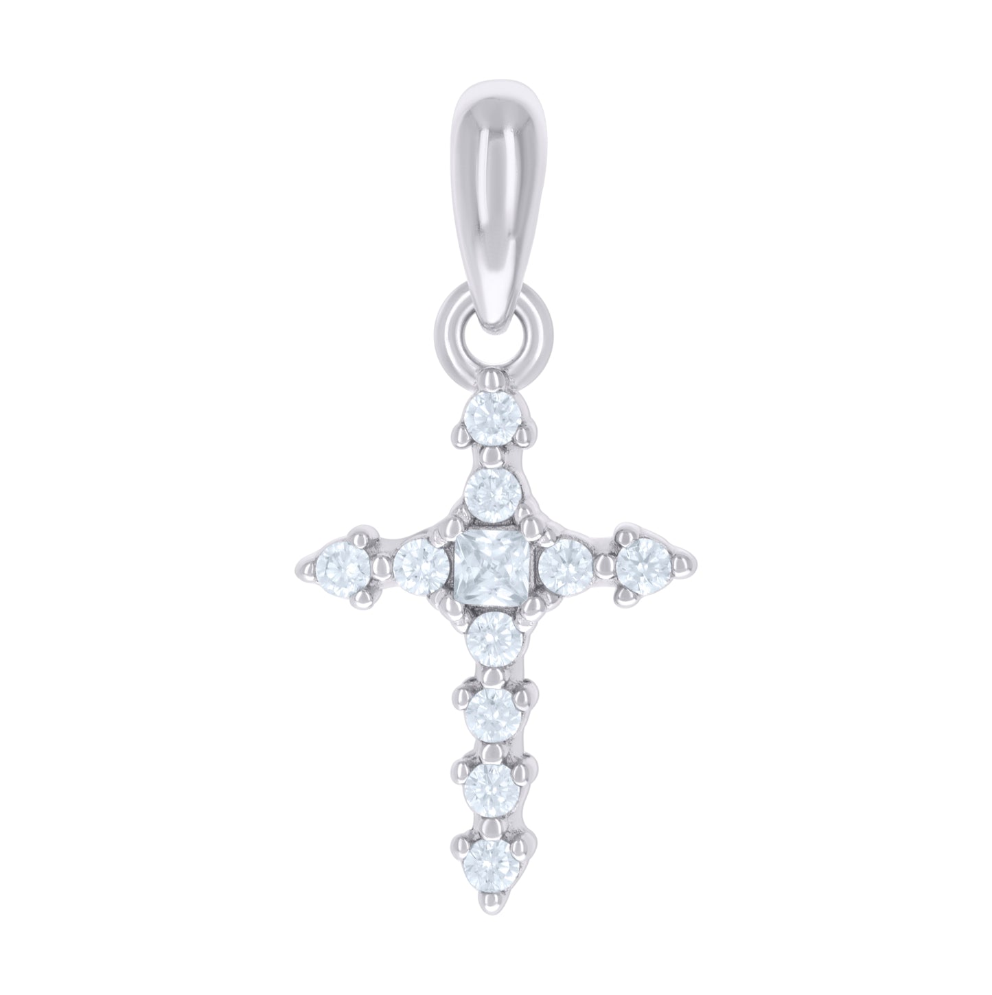 Sterling Silver Womens Princess-Cut Round Cubic-Zirconia Cross Religious Charm Pendant